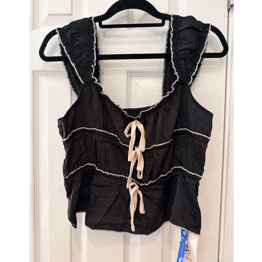 NWT Cider Black Ruffle Strap Tie front tiered tank top cream contrast stitch XL